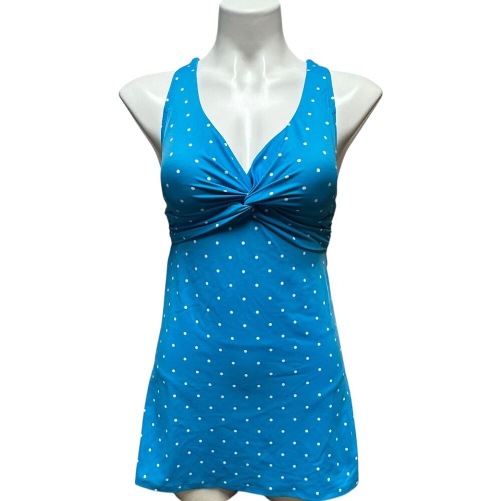 L.L.Bean Twisted One Piece Swimsuit Swim Dress Blue White Polka Dot 4